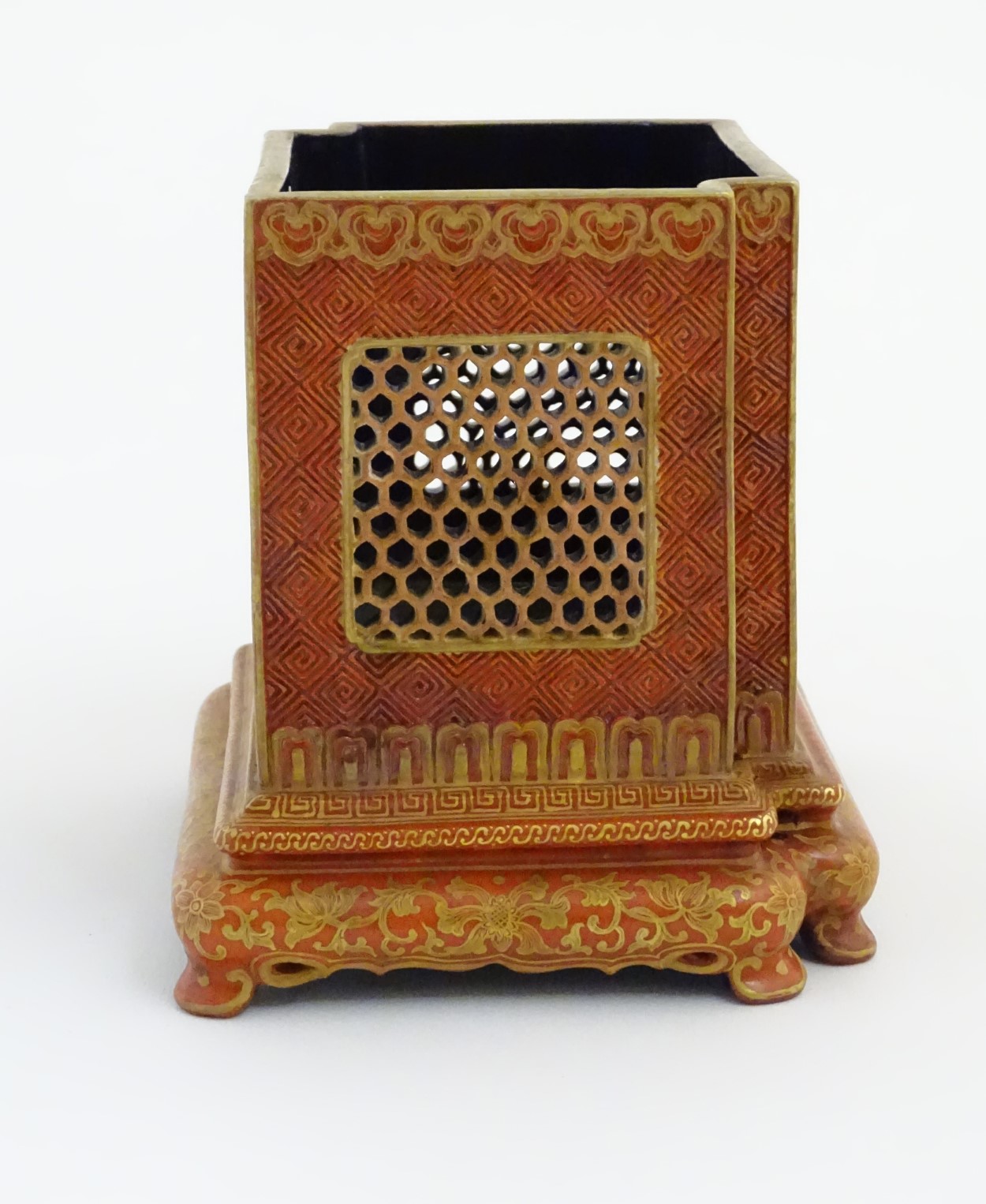 A Chinese burnt orange brush pot with reticulated panels framed by incised meander / Greek key fret - Image 4 of 7