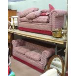 A pair of burgundy Chesterfield-style button backed sofas with white detailing (2)