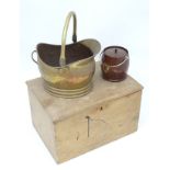 An elm box together with a coal scuttle and a biscuit barrel CONDITION: Please Note