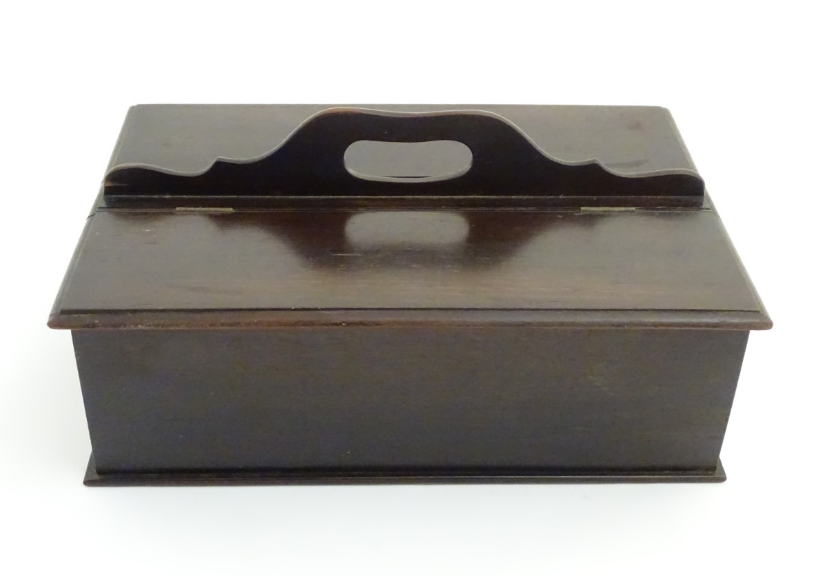 An 18thC dark patinated and hinge lidded mahogany cutlery box with central handle flanked by two - Image 11 of 14