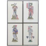 Militaria: After John Mollo, XX, A set of four polychrome prints of mediaeval knights,