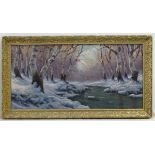 Gabris late XX, Oil on canvas, Snowy and wooded winter stream, Signed lower right.