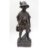 Indistinctly signed XIX, Patinated bronze sculpture, The young game keeper ,