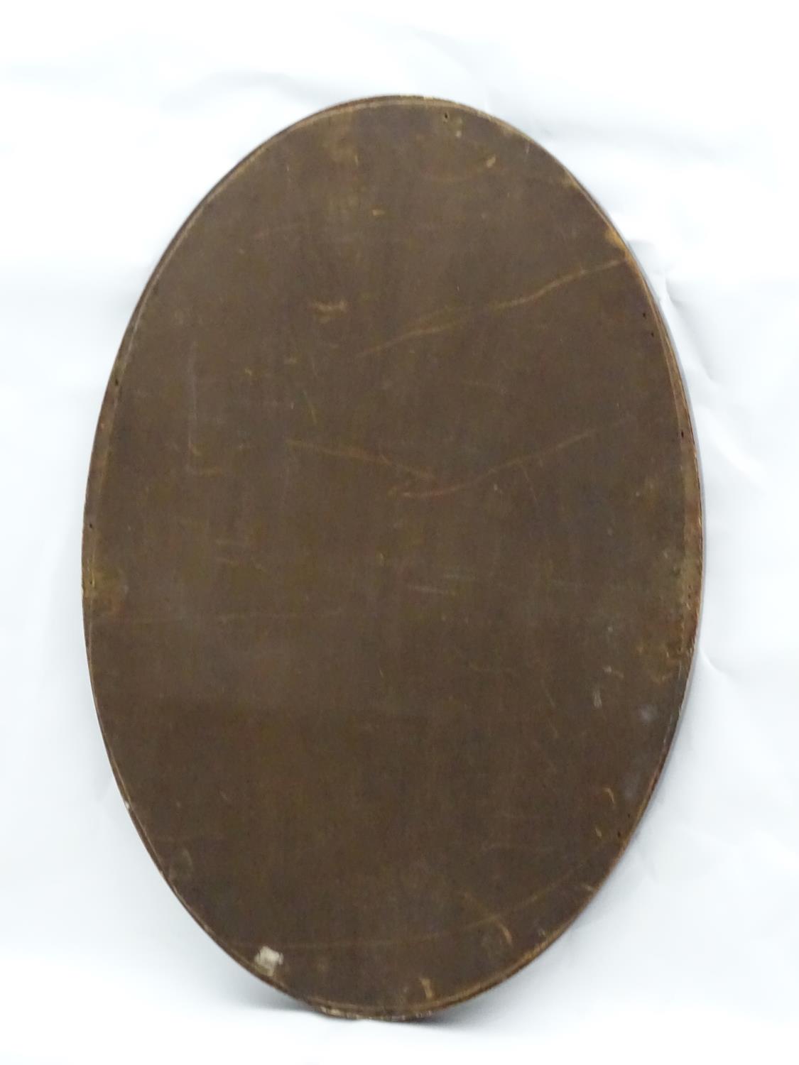 A mid 20thC oval bevelled mirror with crossbanded detailing to the frame. - Image 8 of 10