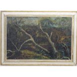 Indistinctly signed, 1953, Oil, Trees on a river bank, Signed and dated lower left.