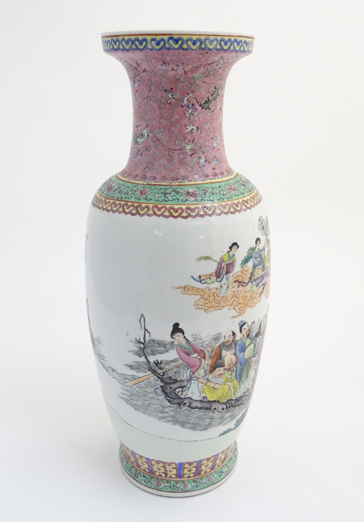 A large 20thC Chinese famille rose vase decorated with imperial figures and elders surrounded by - Image 7 of 13