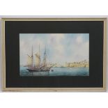 AM Galea, '78, Maltese, Watercolour, large A moored sail ship before the walls of the Grand Harbour,