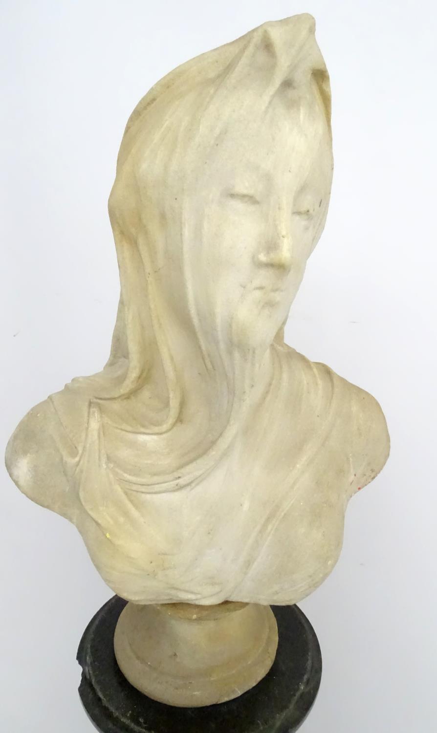 A 19thC fluted granite column and base surmounted by a white marble bust of a veiled woman with - Image 8 of 12