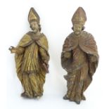 17thC /18thC carved, gilded and polychromed figures: two bishops,