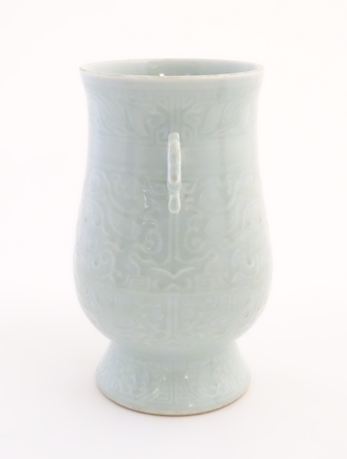A Chinese celadon 'Jun' shaped vase with scrolling handles, decorated with symbols and patterns. - Image 4 of 8