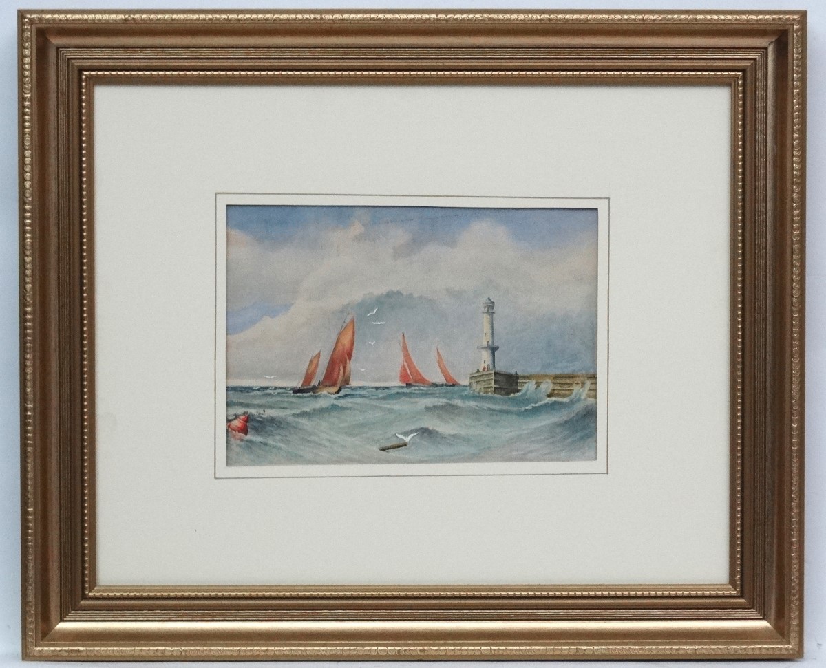 K Hoogendijk 1953 Marine School, Watercolour, Sailboats off a port near lighthouse,