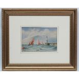 K Hoogendijk 1953 Marine School, Watercolour, Sailboats off a port near lighthouse,