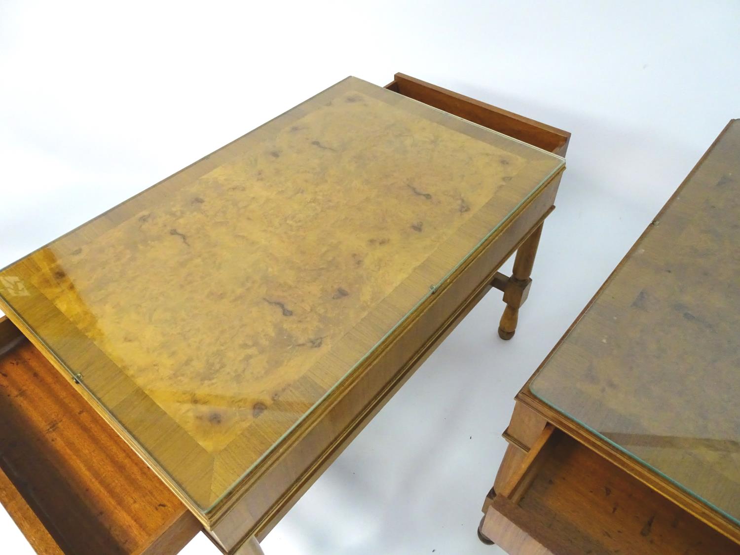 Vintage Retro: a pair of mid century walnut end tables with Teak lining, - Image 12 of 12
