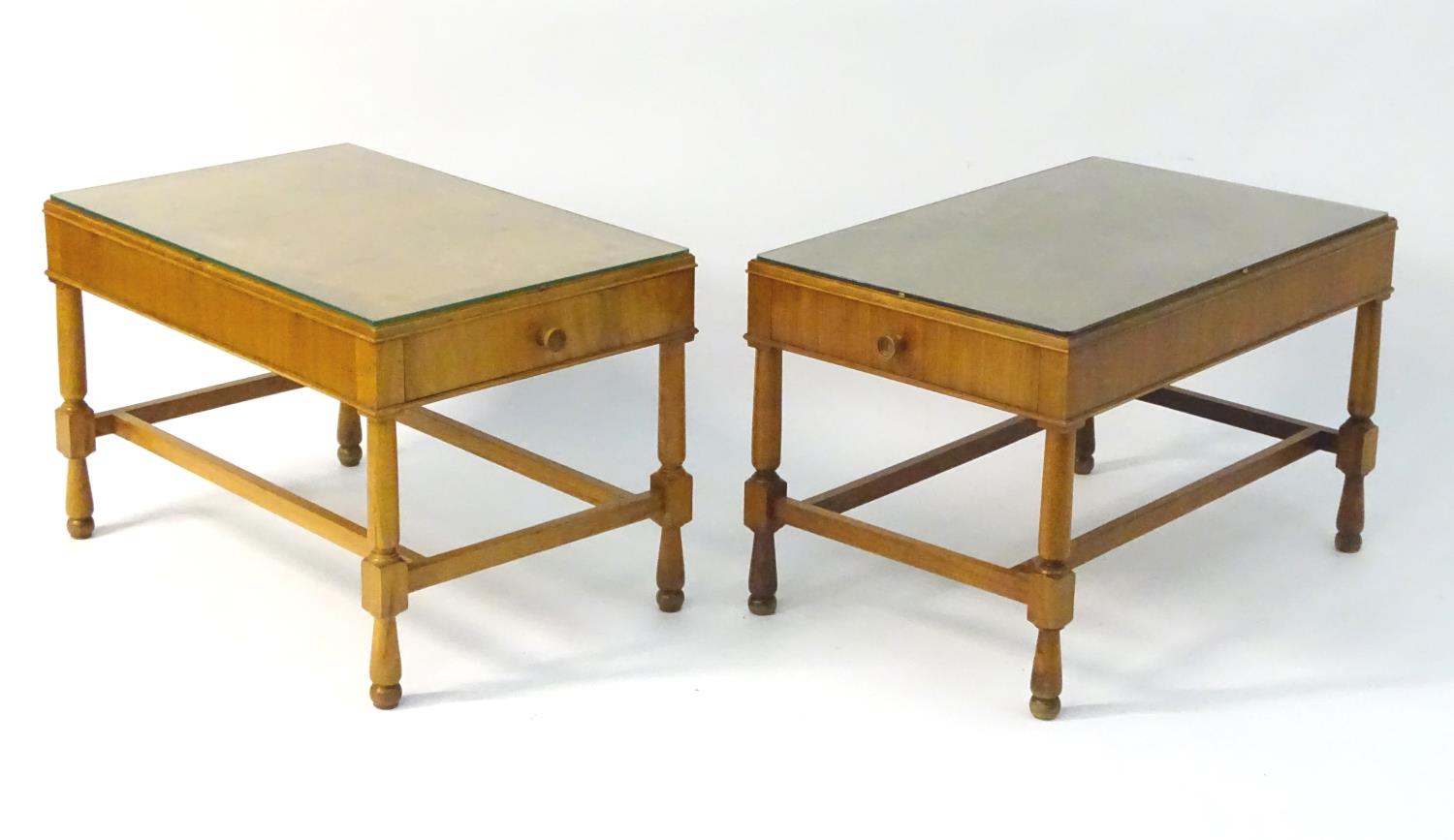 Vintage Retro: a pair of mid century walnut end tables with Teak lining, - Image 2 of 12