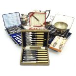 Assorted silver plated wares including tea set cased flatware,