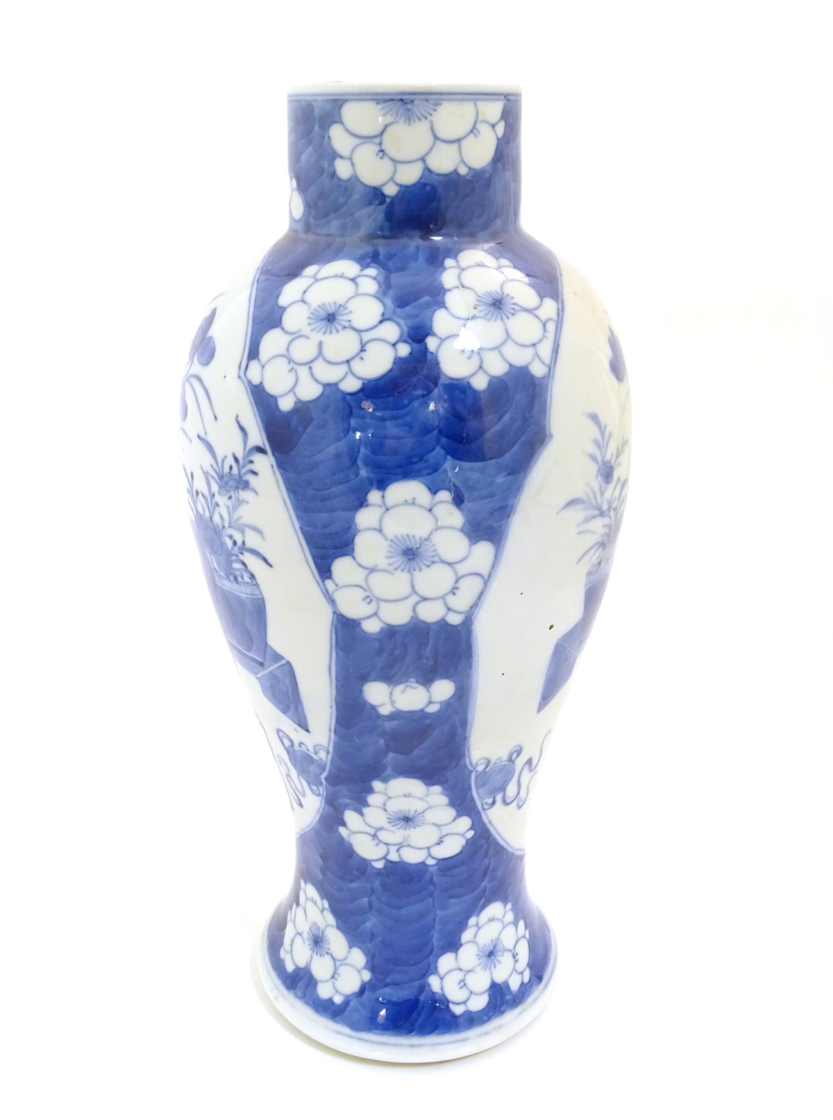 A Chinese, blue and white baluster vase decorated with prunus flowers, - Image 8 of 12