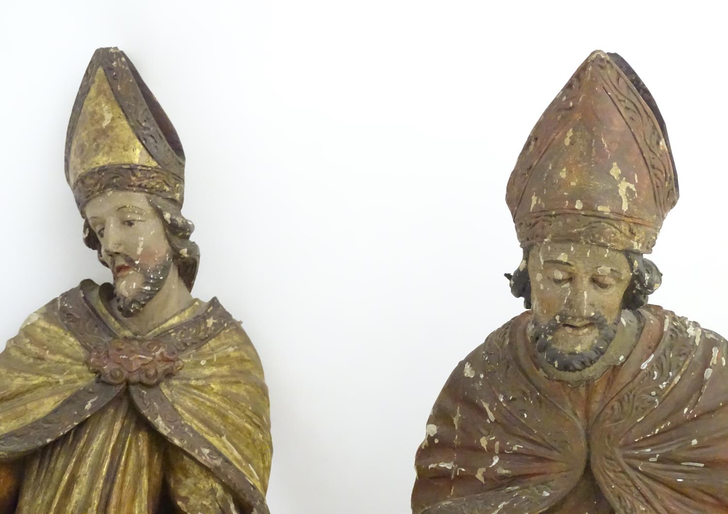 17thC /18thC carved, gilded and polychromed figures: two bishops, - Image 6 of 18