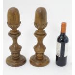 Hat / Wig Stands : a pair of turned hardwood stands surmounted by large acorns,