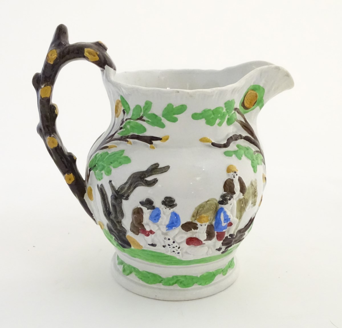 A 19thC Staffordshire Pottery Pratt style jug, depicting figures in a landscape with dogs, a horse, - Image 6 of 8