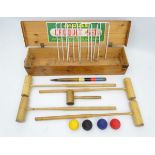 Croquet: Jaques boxed set having 4 signed mallets & 6 hoop mallets, 4 primary coloured balls,