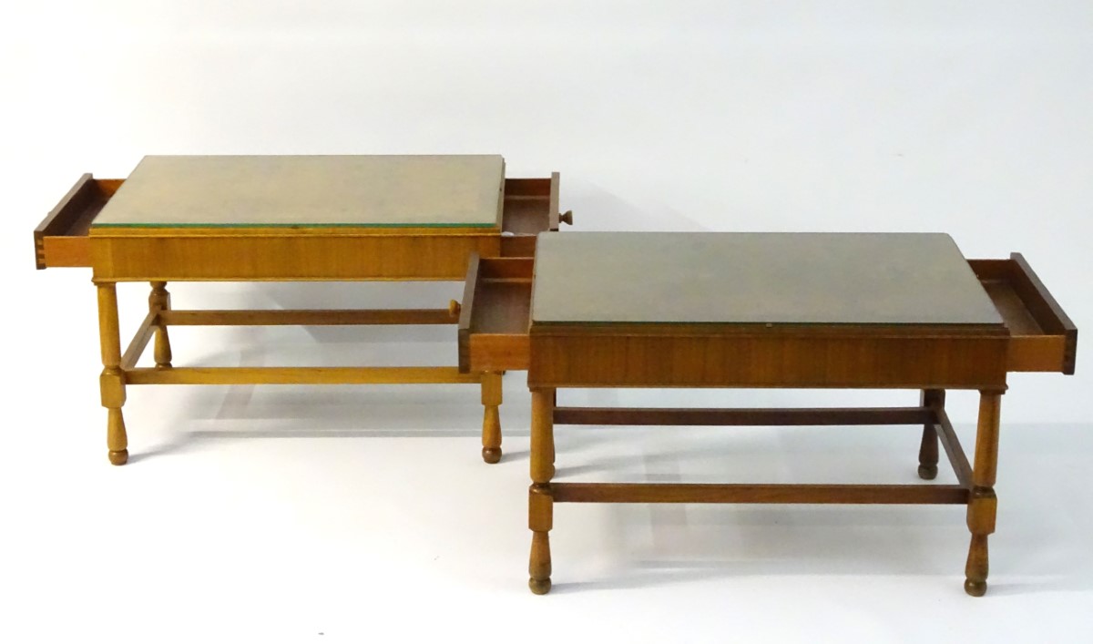 Vintage Retro: a pair of mid century walnut end tables with Teak lining, - Image 5 of 12