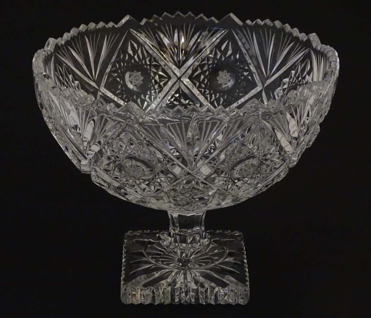 Glass :a cut and pressed moulded lead glass pedestal bowl/tazza with octagonal stem and squared - Image 5 of 7