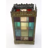 Hall light : a circa 1900 stained and leaded glass pendant lamp of squared shape ,