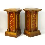 A pair of 19thC Gothic Revival dining room pedestals with painted decoration to the faces and sides,