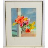 George Plante (1914-1995), Watercolour, 'Bahamas', Caribbean native flowers in a vase on a ledge,