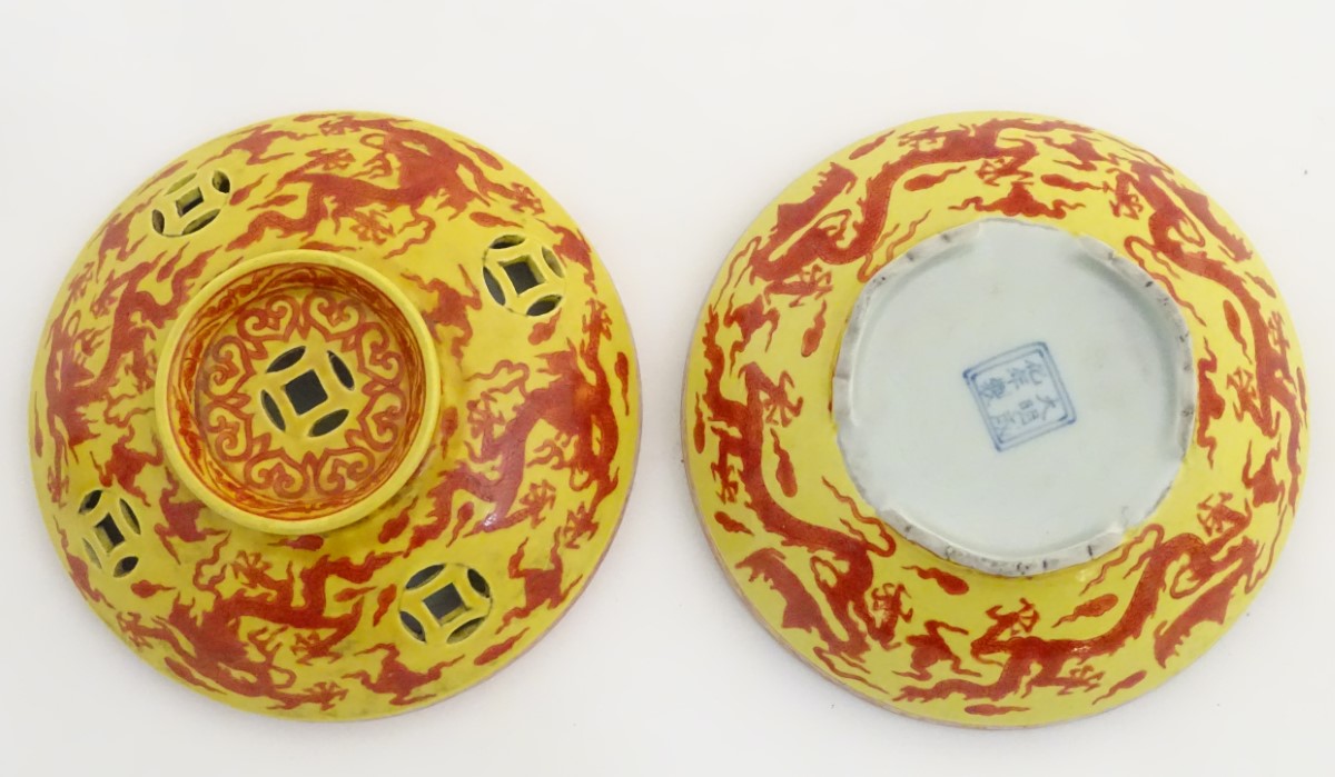 A three-footed Oriental red and yellow circular censer, - Image 2 of 8