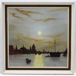 W R Holdon? Mid - late XX, Oil on canvas, Moonlight on Venetian canal, Signed lower left,