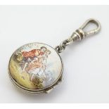 A 19thC double sided locket with enamel decoration depicting figures in a landscape approx 7/8"