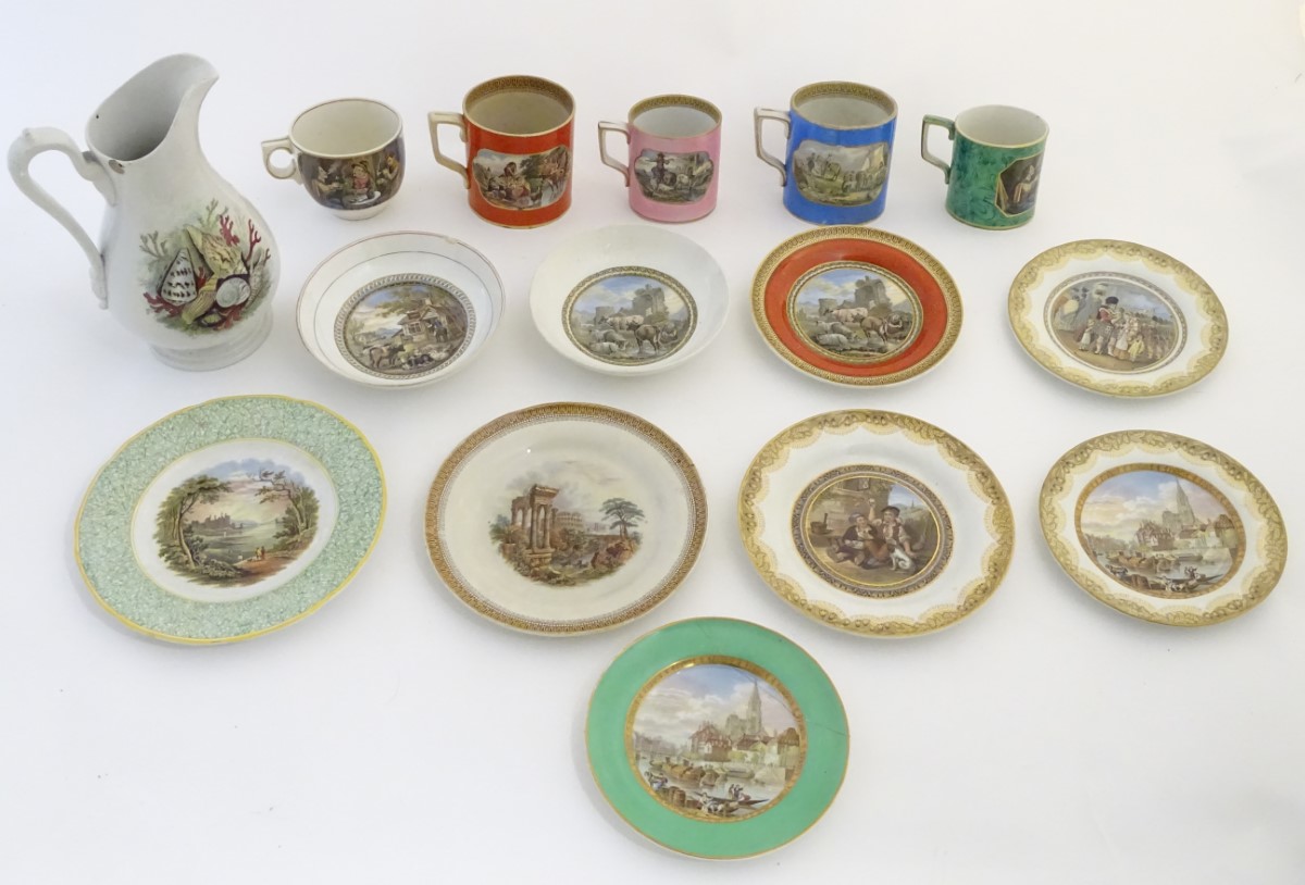 A quantity of Prattware items, comprising two large mugs,