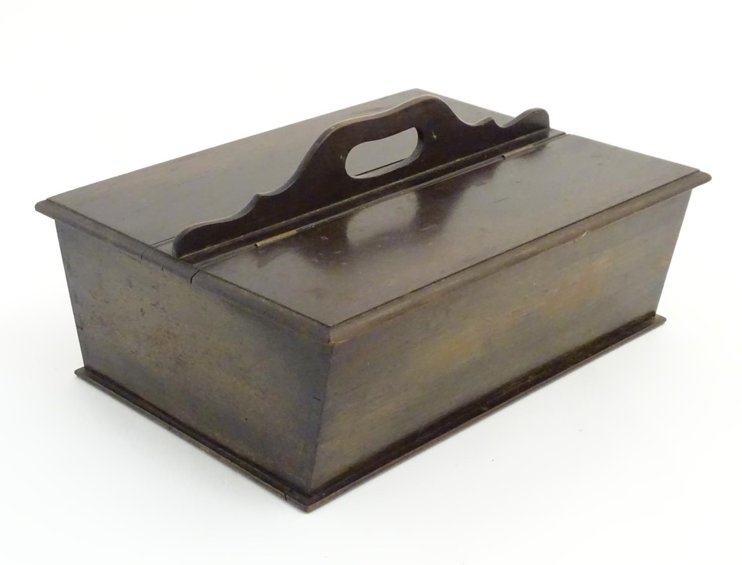 An 18thC dark patinated and hinge lidded mahogany cutlery box with central handle flanked by two - Image 2 of 14