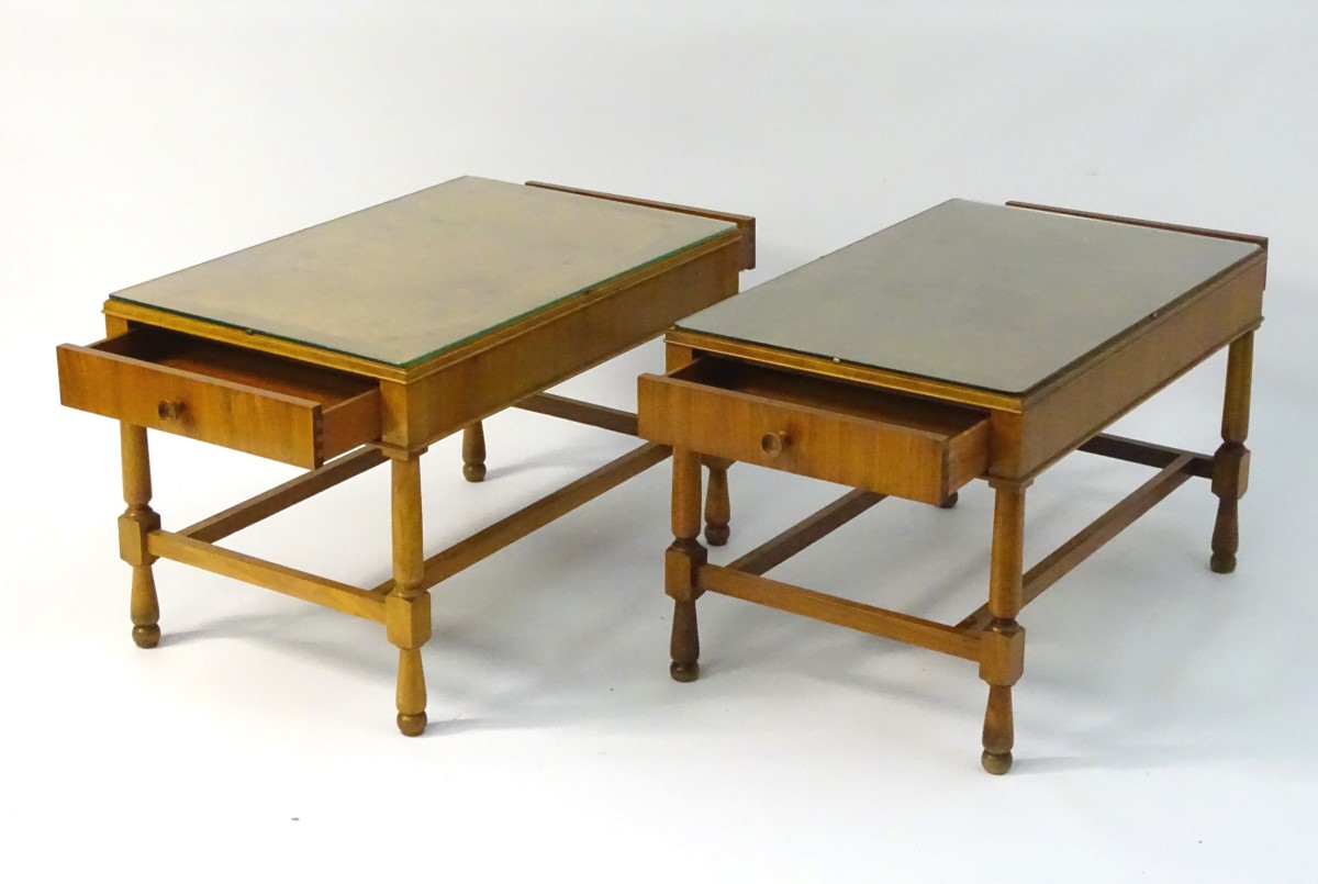 Vintage Retro: a pair of mid century walnut end tables with Teak lining, - Image 9 of 12