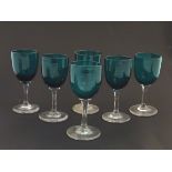 Glass : a set of 6 green / Turquoise pedestal wine glasses with clear glass stems and feet,