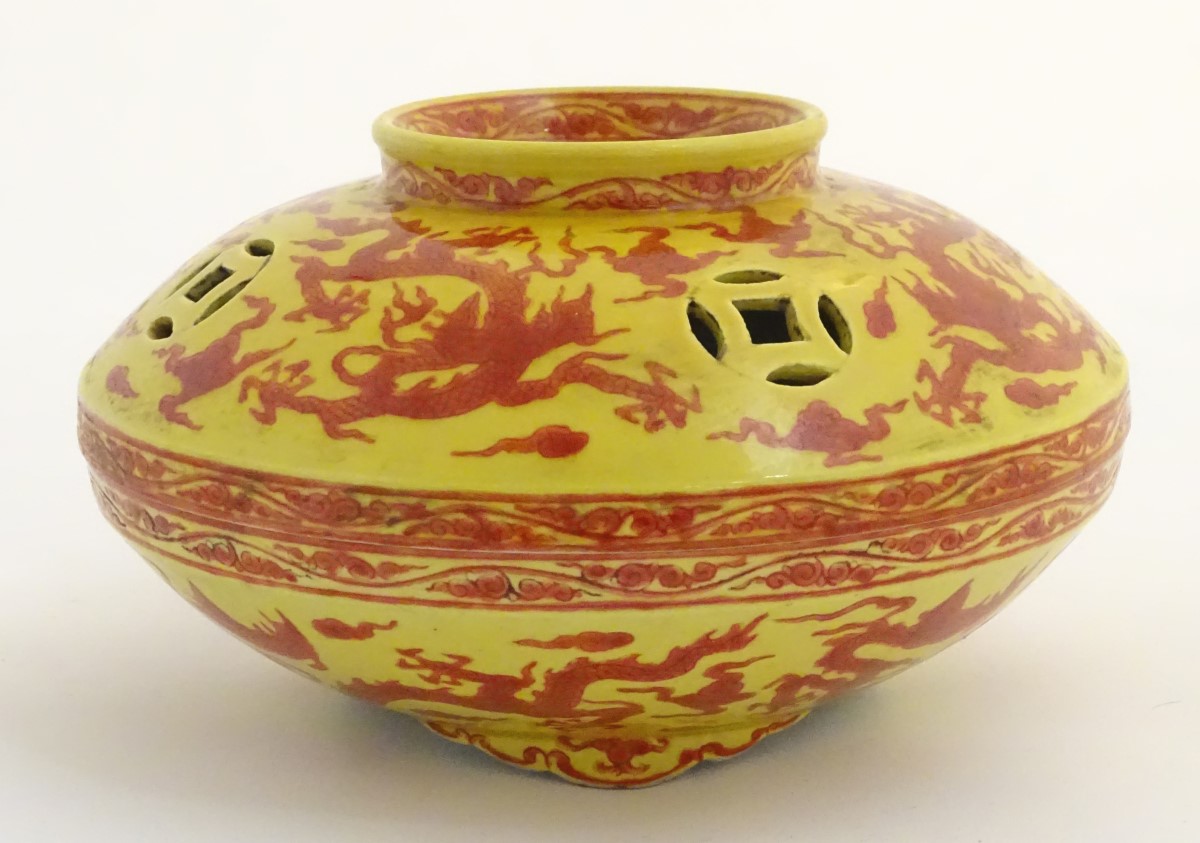 A three-footed Oriental red and yellow circular censer, - Image 4 of 8