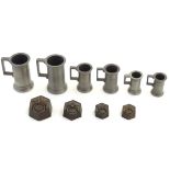 Weights and Measures : a collection of 6 graduated pewter drinks measures and 4 graduated 'Hectog'