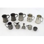 Pewter : an assortment of pewter items to include tankards, tankard jugs with pouring spouts,