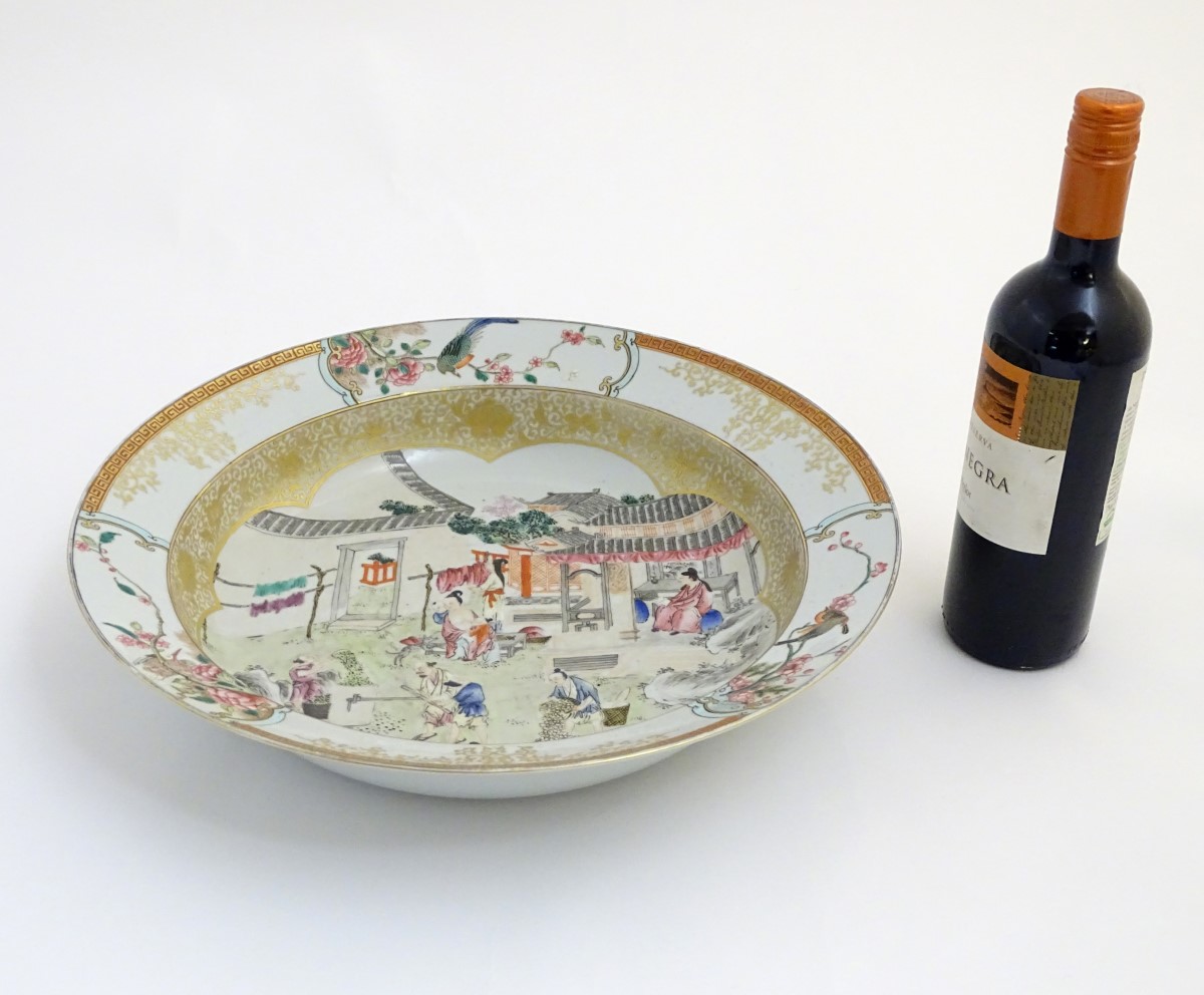 A large Chinese bowl with hand painted scenes of rural life, including a mother and child, - Image 6 of 6