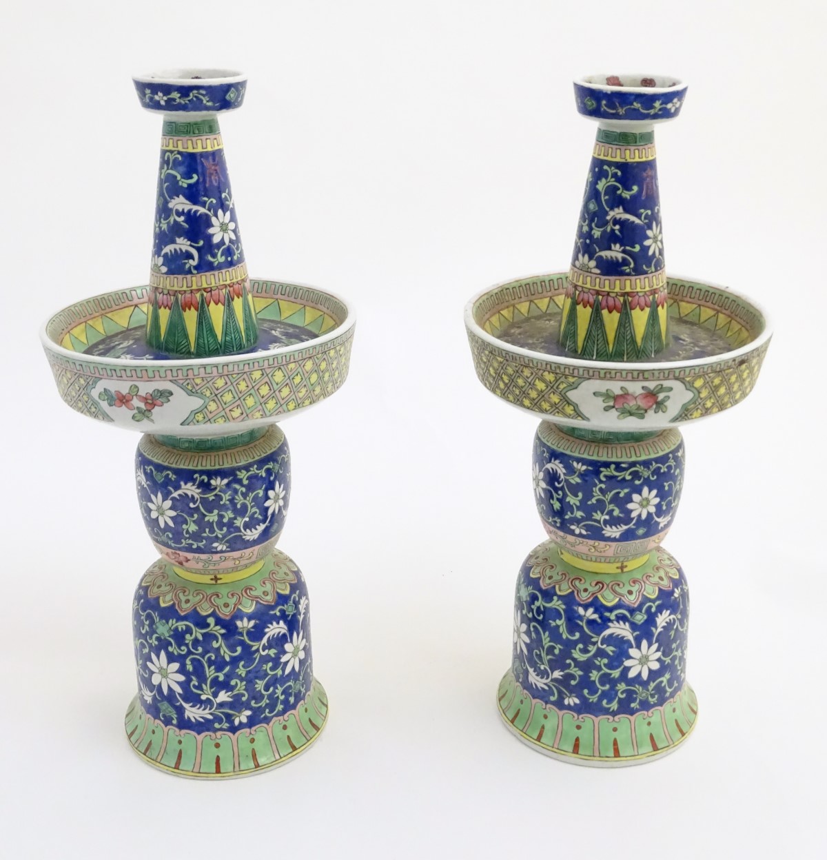 A pair of two-sectional Chinese vases decorated with floral and foliate scrolls. Approx. 17 ¾” high. - Image 3 of 9