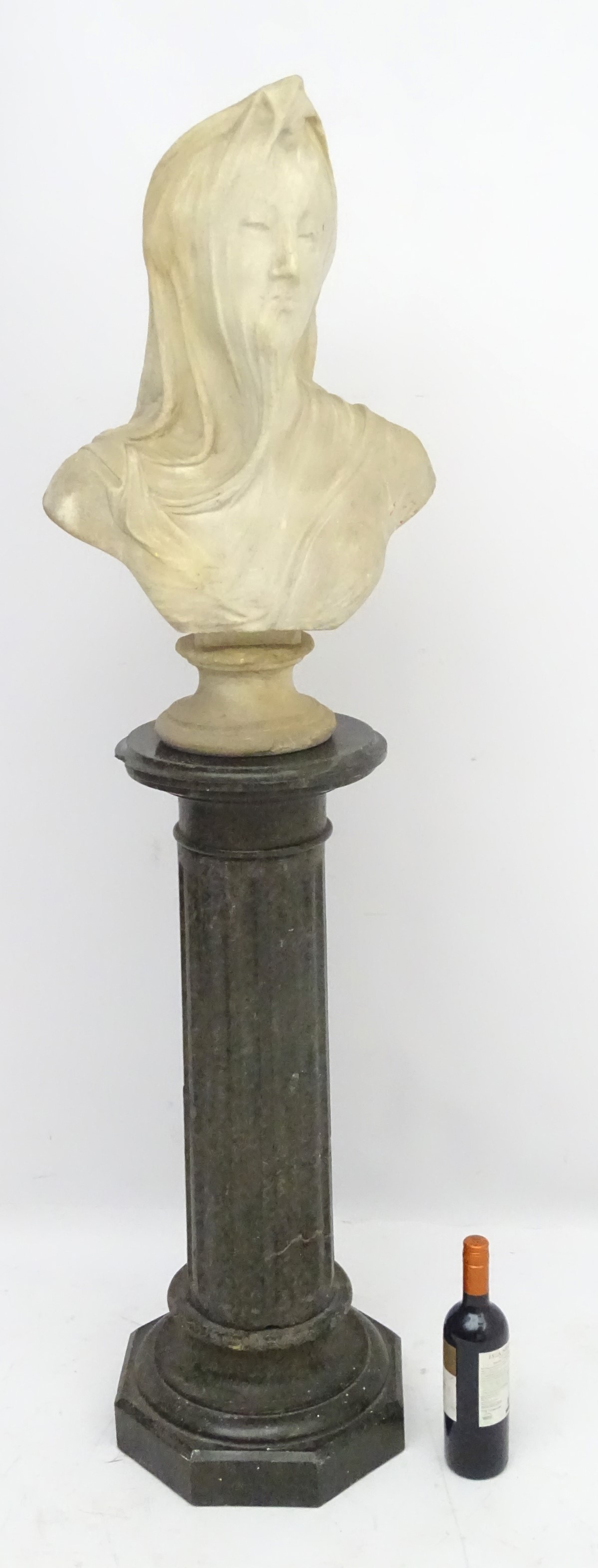 A 19thC fluted granite column and base surmounted by a white marble bust of a veiled woman with - Image 5 of 12