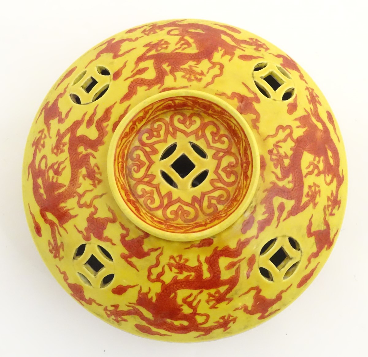 A three-footed Oriental red and yellow circular censer, - Image 5 of 8