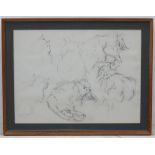 Cats: pencil drawings of Persian cats in a mount and wooden frame.