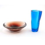 Glass : two items of mid 20thC studio glass to include a Kingfisher blue coloured vase of tri-form