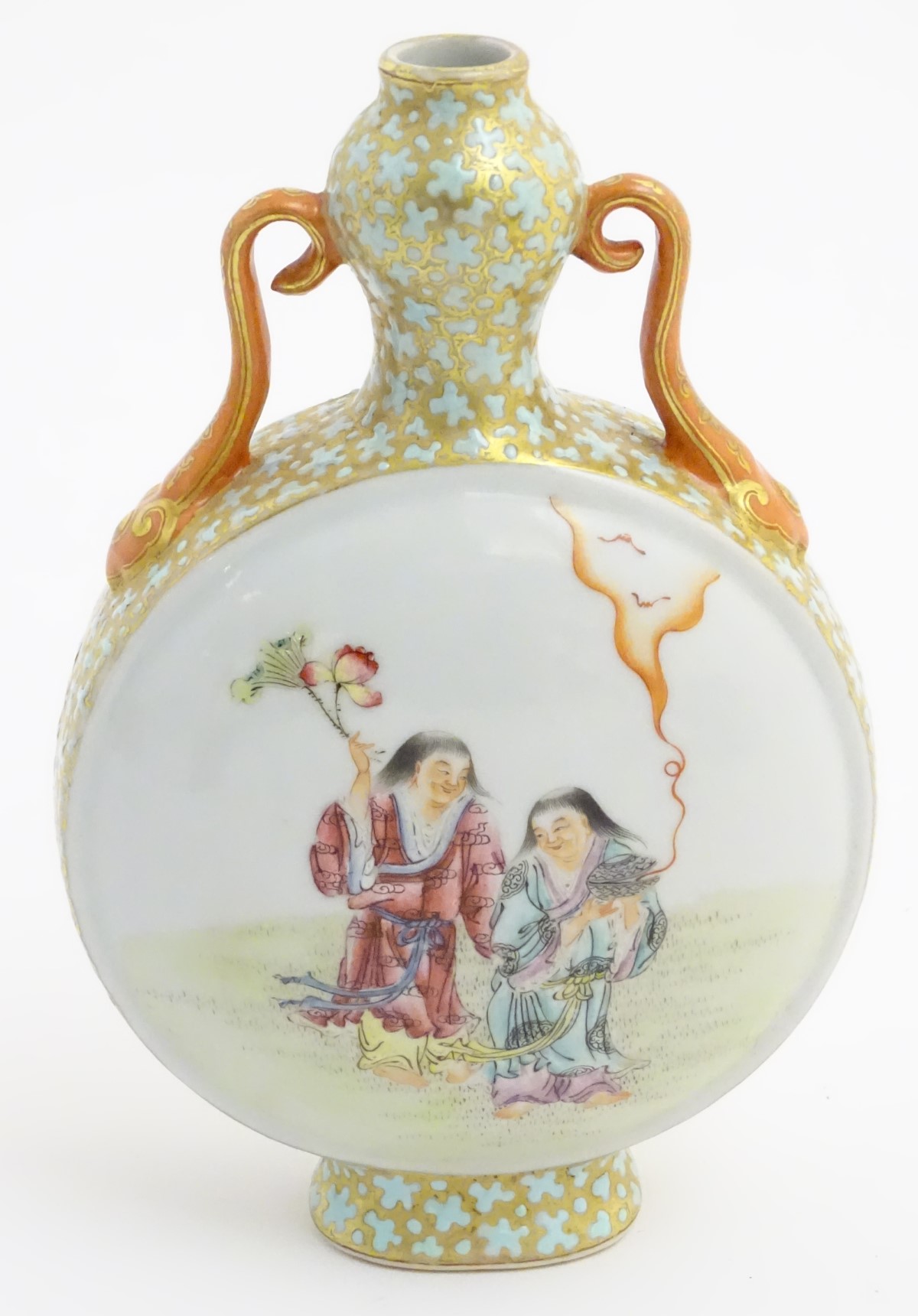 A Chinese twin handled moon vase decorated on one side with a lady and a frog, - Image 3 of 16