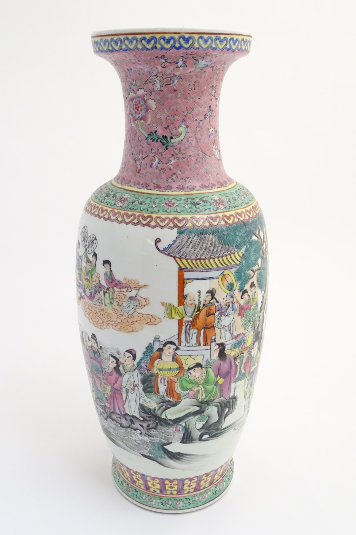 A large 20thC Chinese famille rose vase decorated with imperial figures and elders surrounded by - Image 12 of 13