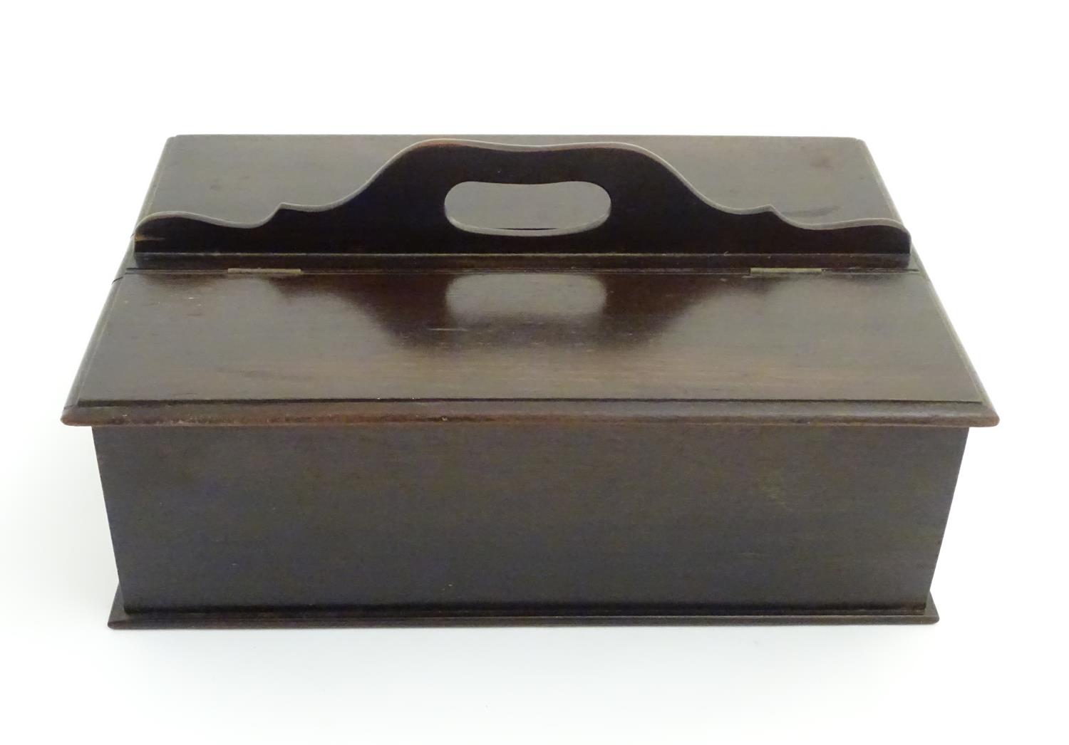An 18thC dark patinated and hinge lidded mahogany cutlery box with central handle flanked by two - Image 12 of 14
