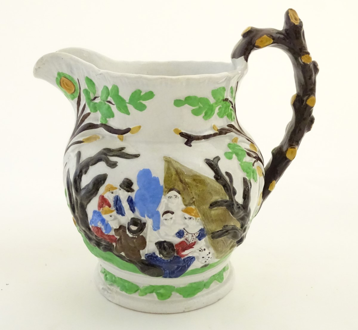 A 19thC Staffordshire Pottery Pratt style jug, depicting figures in a landscape with dogs, a horse, - Image 4 of 8