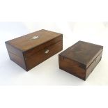 Two 19thC mahogany boxes, the larger with a writing slope, decorated with mother of pearl,